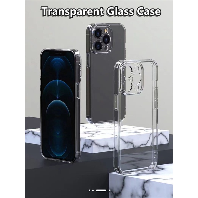 Casing Ponsel Bening TPU Tempered Glass Case Untuk iPhone 14 13 12 11 Pro Max7 8 14 plus XR XS MAX X Anti-Drop Case Lurus Sisi Penutup Belakang Kaca Bening Casing Ponsel