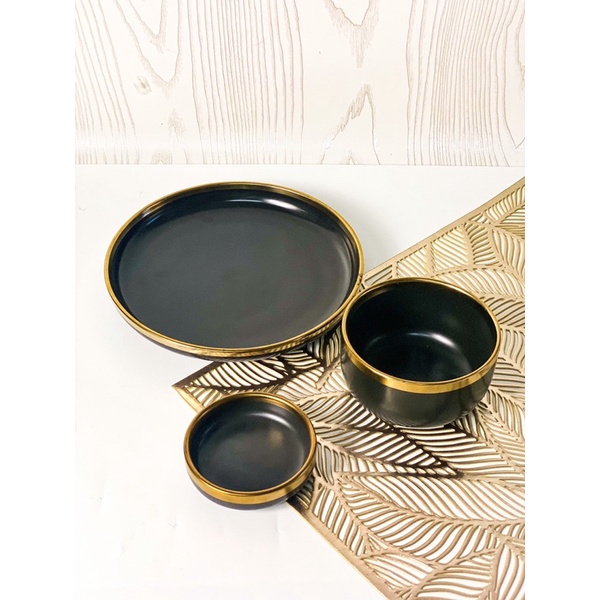 Piring Set 1 Orang Piring Makan Set Keramik Black Gold Isi 3 Pcs / Piring Set Keramik List Emas / Pi
