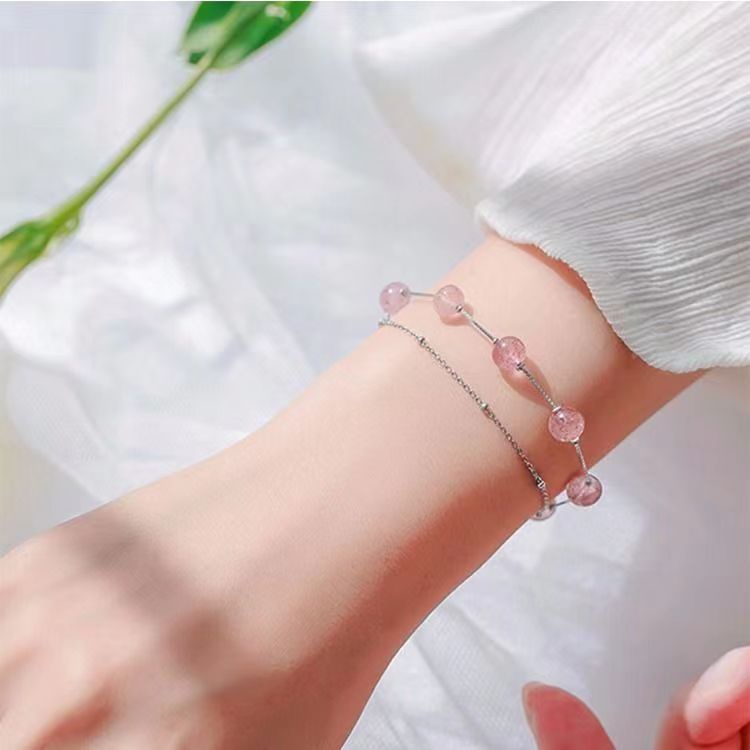 Gelang Kristal Strawberry Dua Lapis Yang Manis Desain Niche Perempuan Merasakan Pink Beruntung Mahasiswa Pacar Gelang Persik