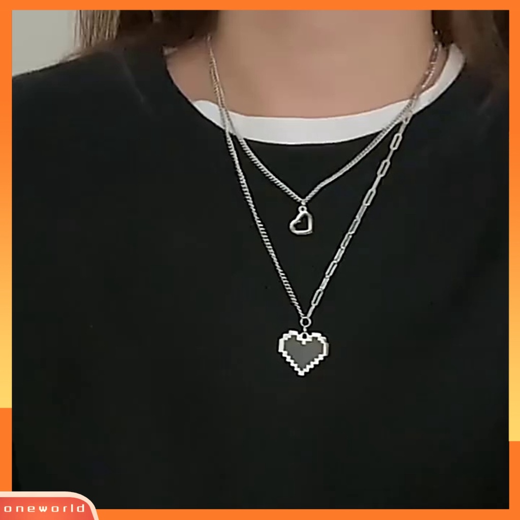 [ONE] 1set Liontin Kalung Lapisan Ganda Tahan Karat Alloy Fashion Wanita Kalung Dengan Liontin Hati Dekorasi Untuk Anak Perempuan