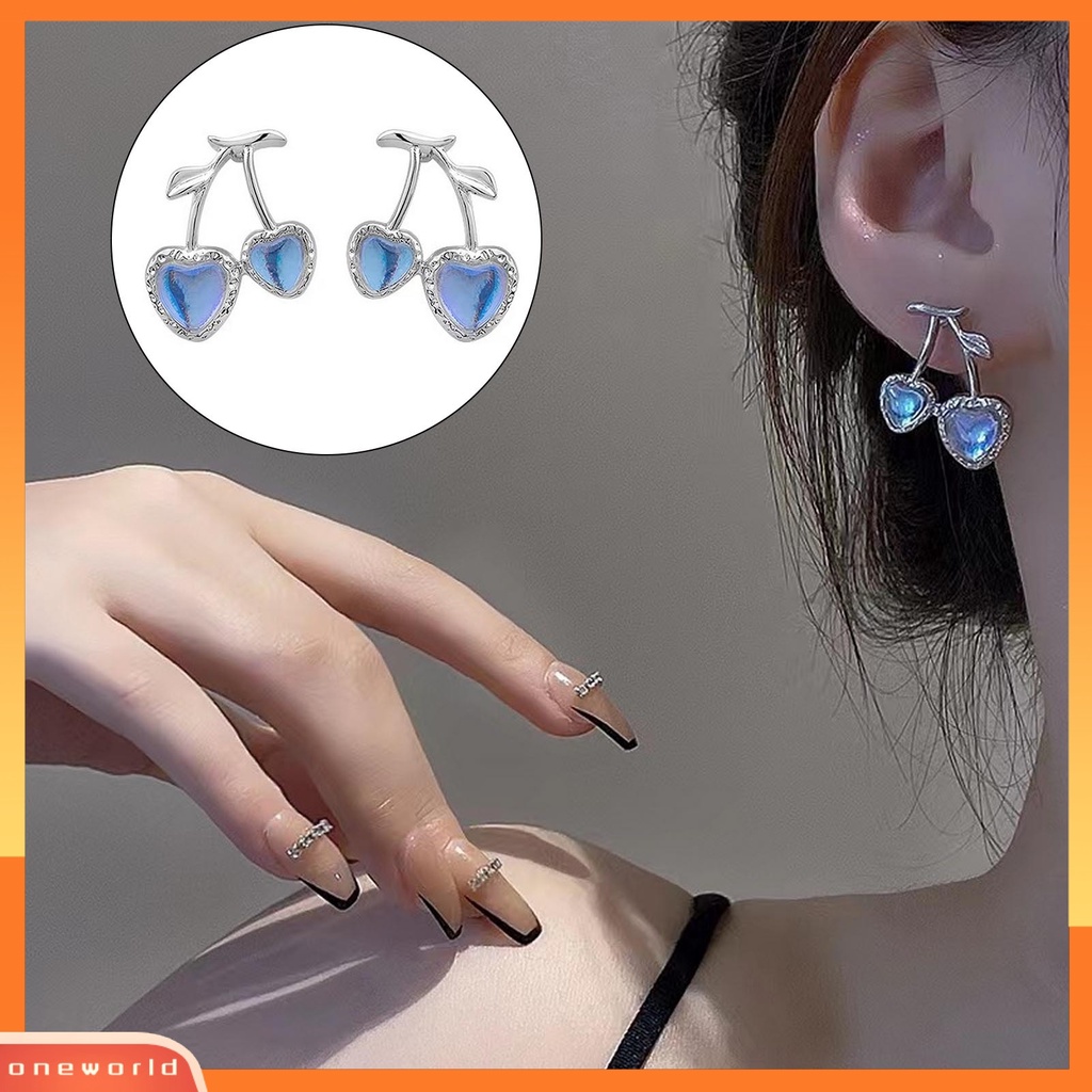 [ONE] Lucu Manis Cherry Stud Earrings Shiny Light Blue Berlian Imitasi Earrings Pesta Perjamuan Wanita Fashion Perhiasan Hadiah