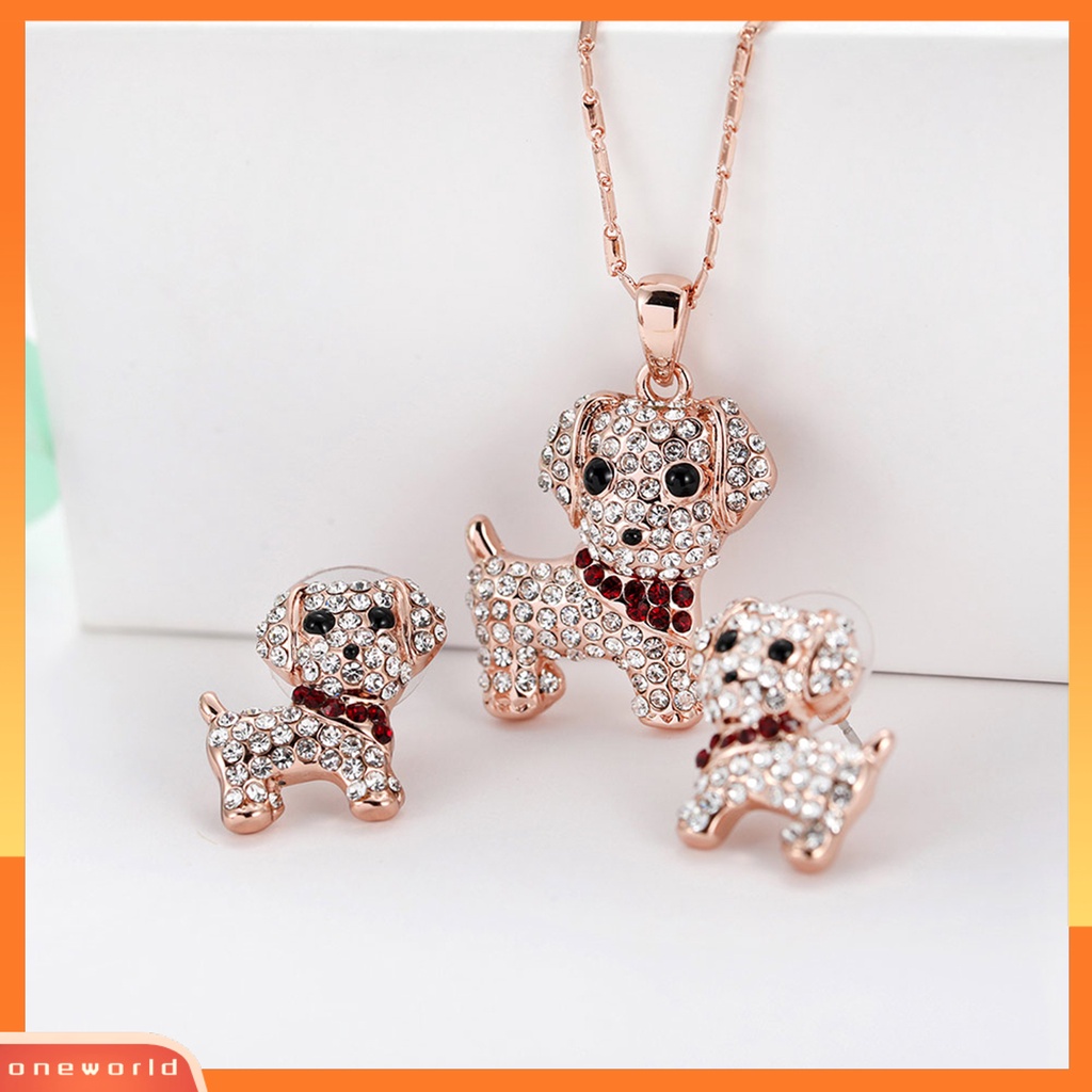 [ONE] 1set Wanita Anjing Kalung Indah Mewah Elegan Mungil Emas Hadiah Padat Berlian Imitasi Bertatahkan Puppy Stud Earrings Kit Fashion Perhiasan