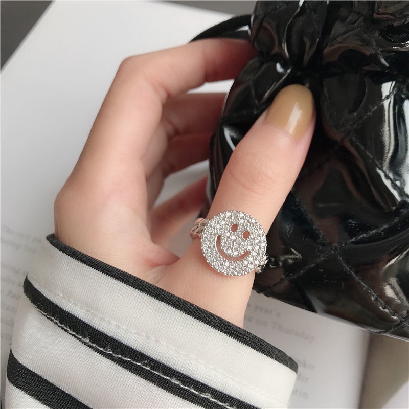 Smiley Face Cincin Perempuan Jepang Korea Kepribadian Trendi Berlebihan Berlian Cincin Terbuka Gadis Jantung ins Jari Telunjuk Cincin Ekor Cincin