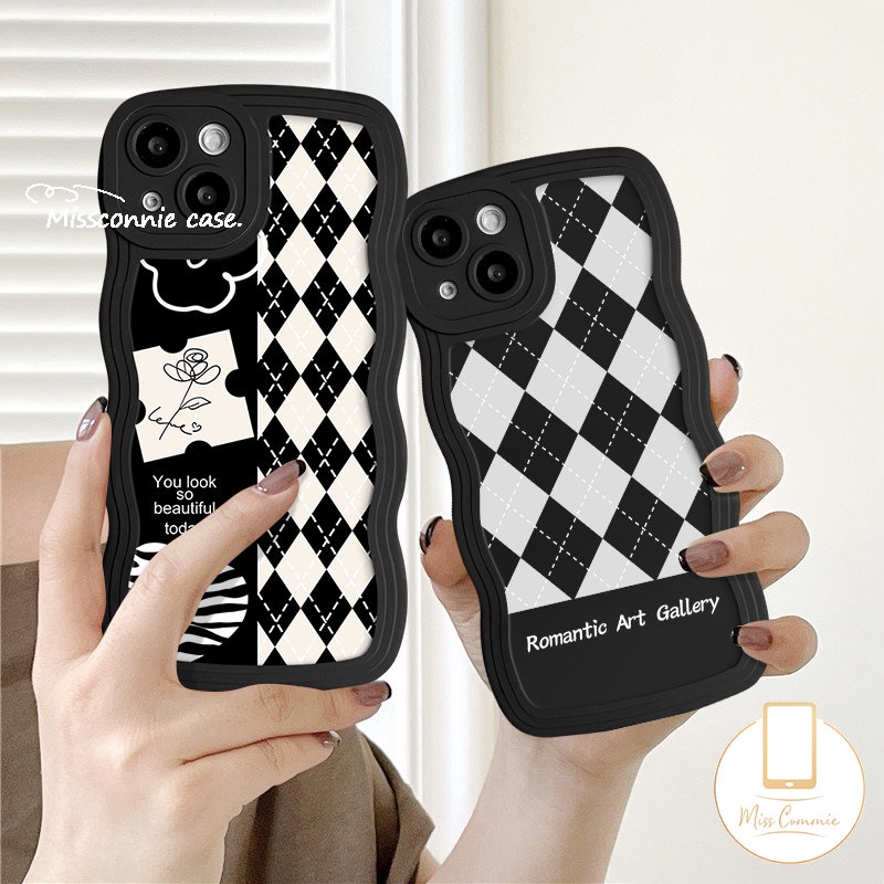 Romantic Art Gallery Retro Kotak-Kotak Bunga Telepon Case Kompatibel Untuk IPhone 7Plus 11 12 13 14 Pro Max 7 6s 14 8 6 Plus XR X XS Max SE 2020 Tepi Bergelombang Lembut Tpu Penutup Belakang