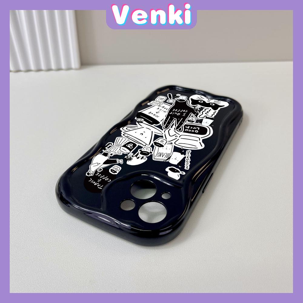 VENKI - Untuk iPhone 11 Case Tepi Melengkung Gelombang Case Glossy Hitam TPU Airbag Tahan Guncangan Kamera Case Gaya Seni Kreatif Kompatibel dengan iPhone 14 13 Pro max 12 Pro Max xr xs 7Plus 8Plus