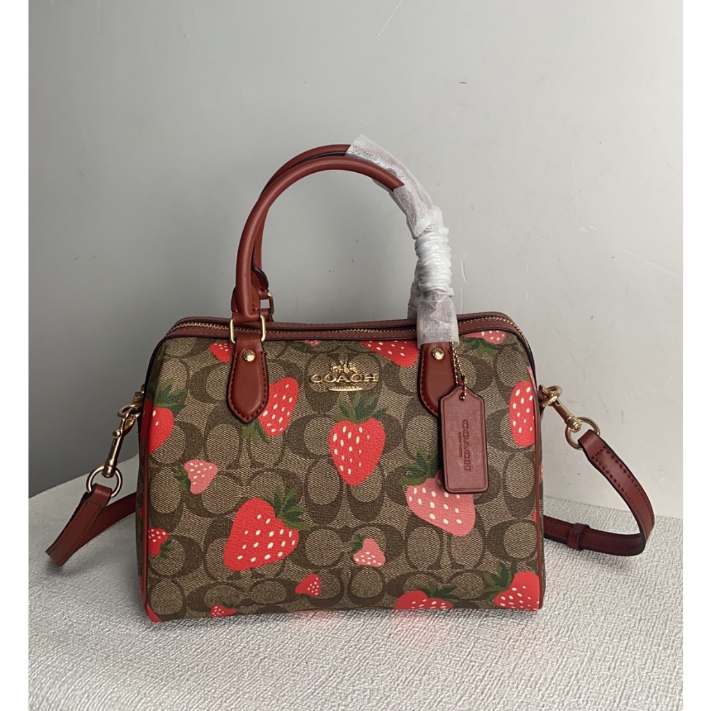 Coach Rowan Satchel Signature Canvas and Leather with Strawberry Print