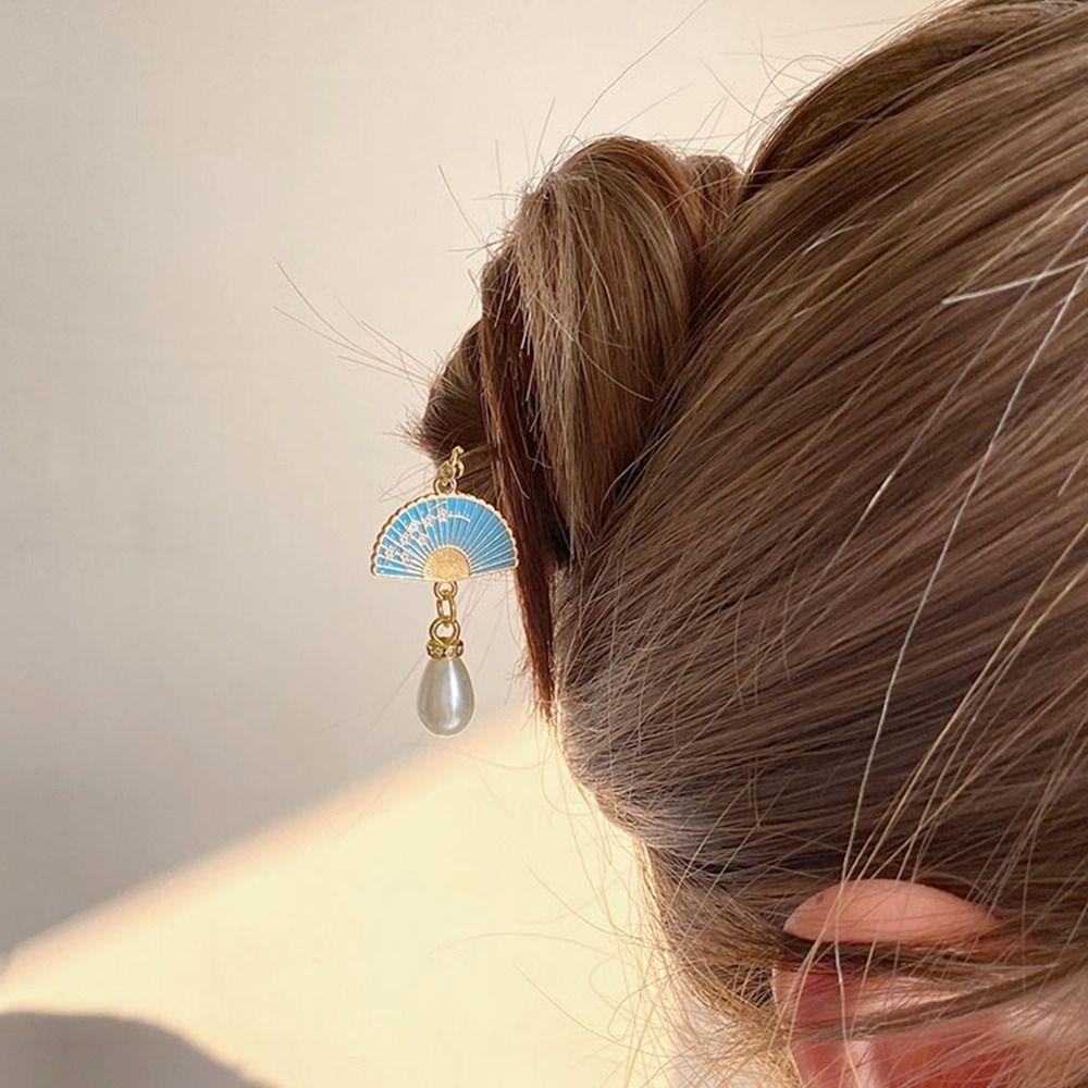 Needway   Hanfu Kipas Rambut Stik Antik Klasik Mutiara Cheongsam Hiasan Kepala Kuno Hairstyle Desain Alat Hiasan Kepala Gaya Cina