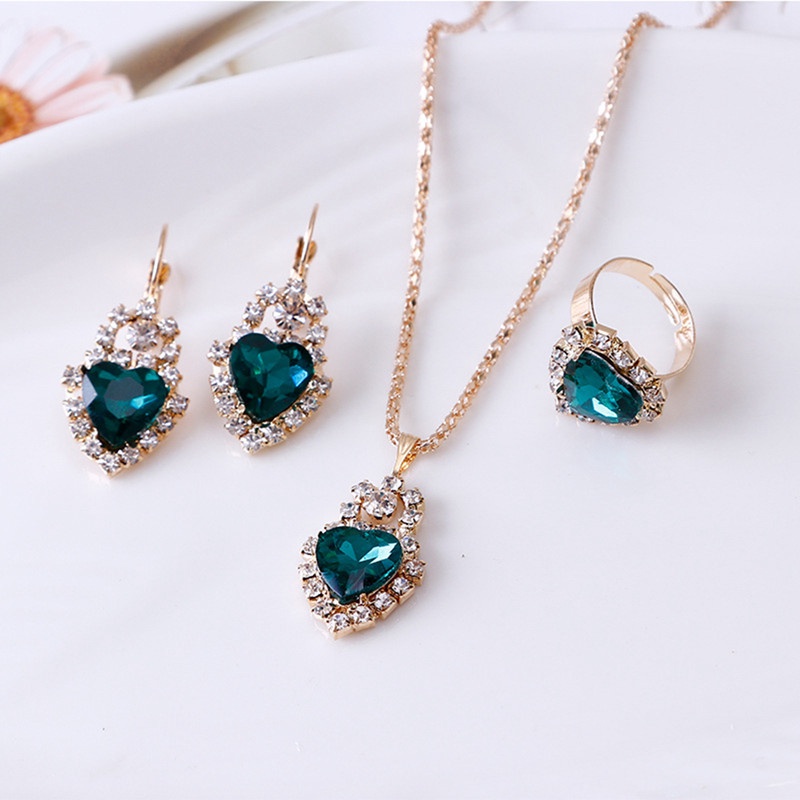 Kalung Liontin Anting Cincin Set Untuk Wanita Gadis Fashion Berlian Imitasi Cinta Hati Kristal Perhiasan Leher Rantai Telinga Cincin Emas Pribadi Penuh Berlian Klip Telinga Hadiah Untuk Her