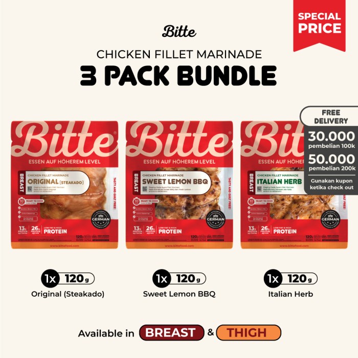 

Makanan | 3 PACK BUNDLE Chicken Fillet Marinade / Ayam Marinasi 120g - Bitte - ORI + BBQ + IHR, Breast / Dada