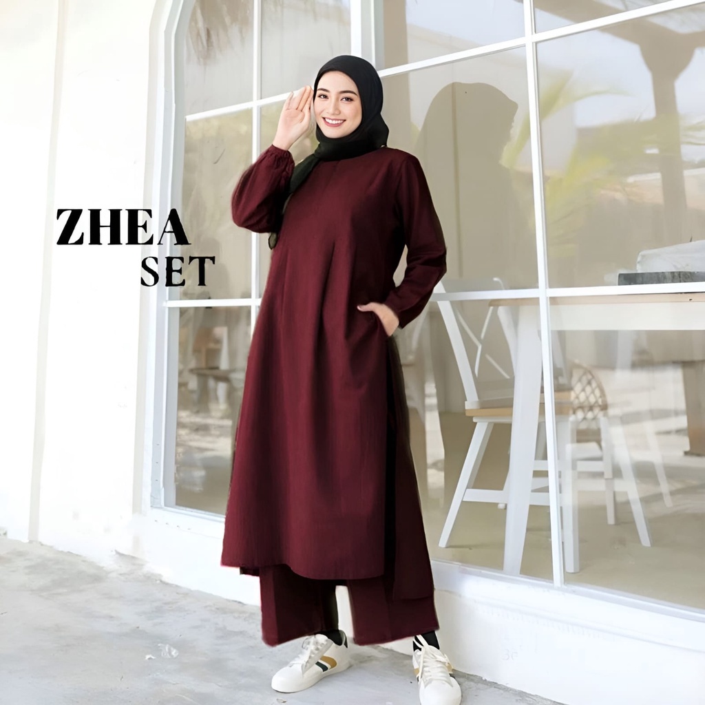 Zhea Set Setelan Baju Muslim 2in1 Polos Basic Premium OOTD Lebaran l Stelan Kondangan Wanita Remaja