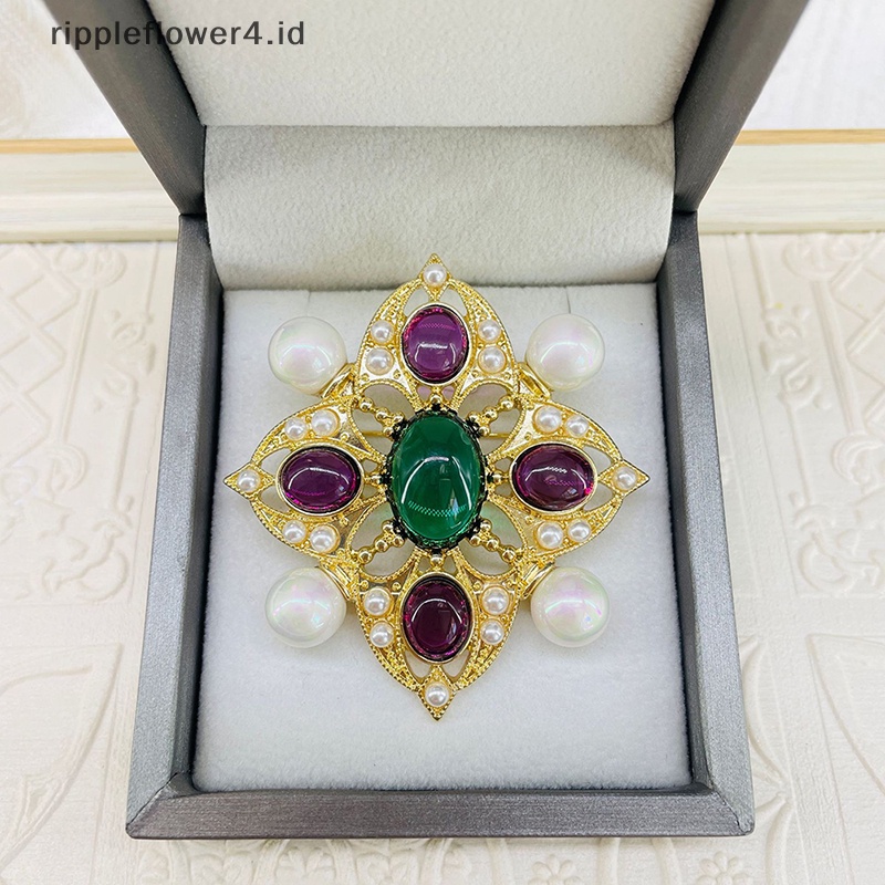 {rippleflower4.id} Warna-warni Vintage Berongga Ukir Mutiara Bros Kaca Imitasi Cross Pin Niche Pakaian Fashion Bros Mantel Perhiasan Aksesoris~