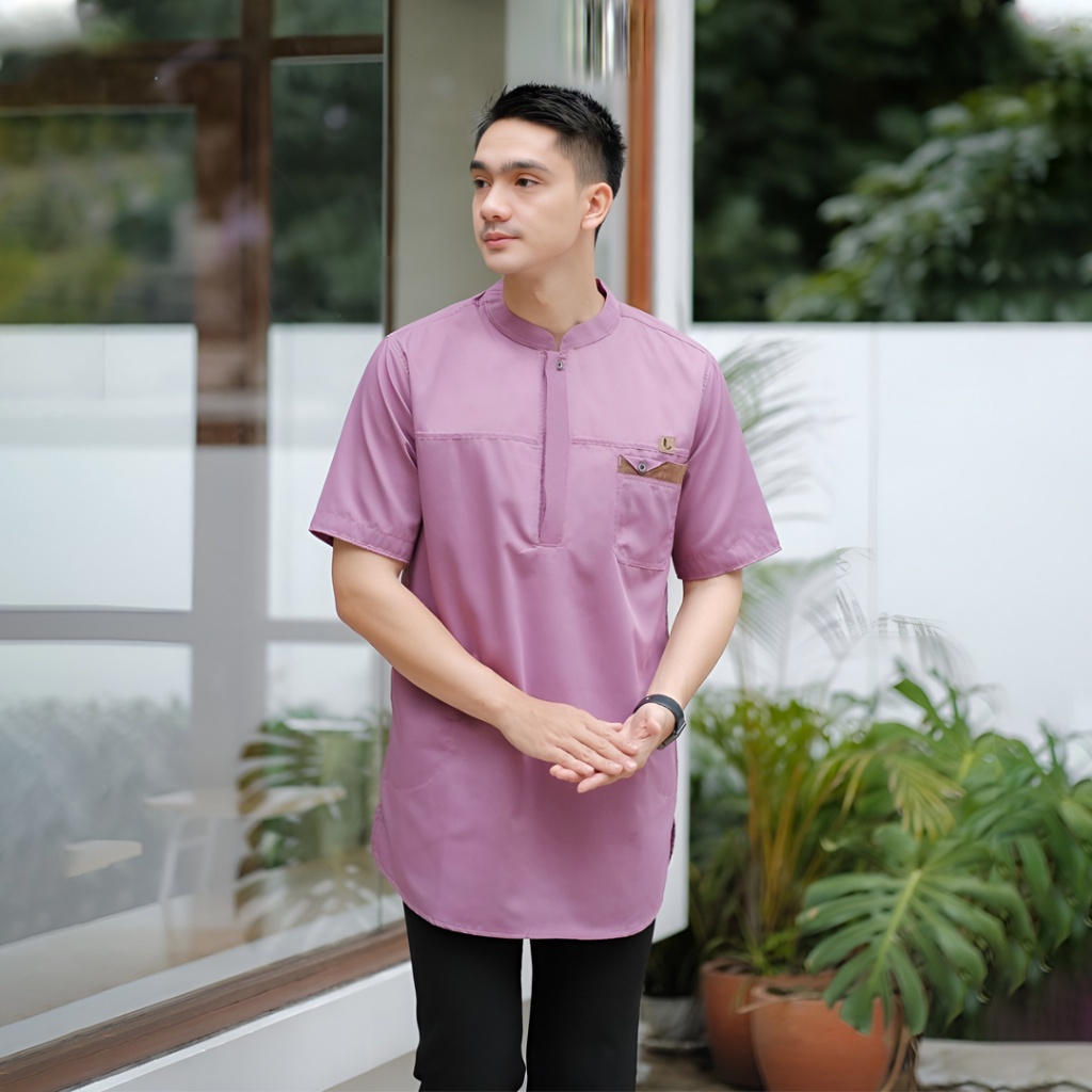 Baju Koko Kurta Muslim Pria Kurta Dewasa Premium Polos Model Kurta Lengan Pendek Terbaru Lilac