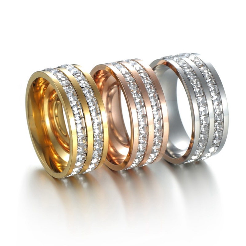 Cincin Titanium Steel Zirkon Persegi Baris Ganda Mewah Warna Rose Gold Untuk Wanita Perhiasan Pesta Pernikahan Tunangan Romantis Perempuan