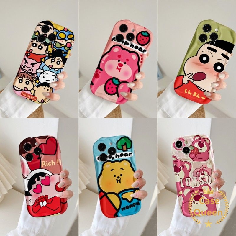 Untuk Realme C55 C20A C15 C21Y C25 C25s C30 C25Y C11 C12 C3 C20 C11 2020 C30S 5s 6i 5i 30A 20 3D Wavy Curved Edge Funny Crayon Shin-chan Winnie The Pooh Strawberry Bear Manyo Case