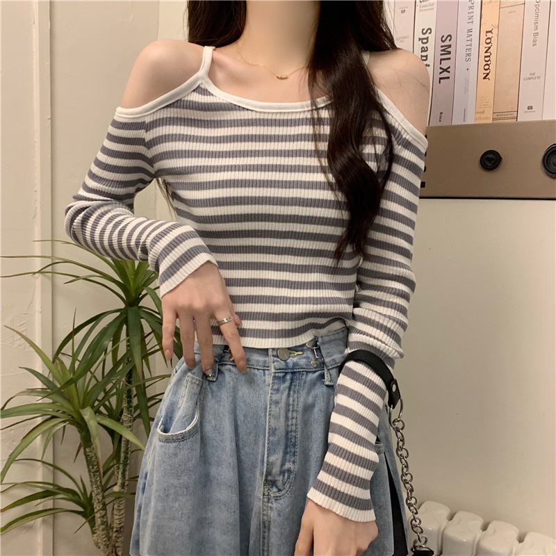 Kekinian Atasan Wanita Off-Shoulder Lengan Panjang Korean Rajut Top