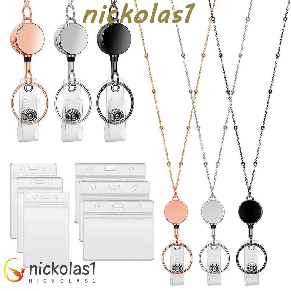 Nickolas1 Ditarik Lencana Gulungan Lanyard Wanita Pria Stainless Steel Kunci Cincin Klip Perlengkapan Kantor Kartu Nama Gantungan Kunci Lencana Pemegang Kalung