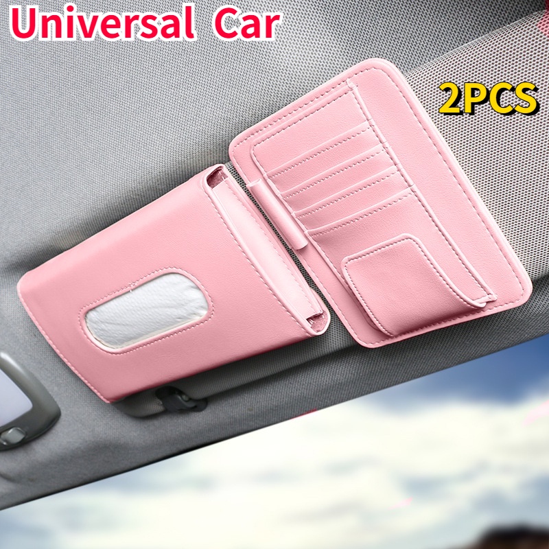 2pc/universal Car Leather Auto Car Sun Visor Organizer Pouch Bag Tas Penyimpanan Kartu Kacamata Pulpen Sim Holder Klip Tissue Dengan Kotak Car Interior Accessorie