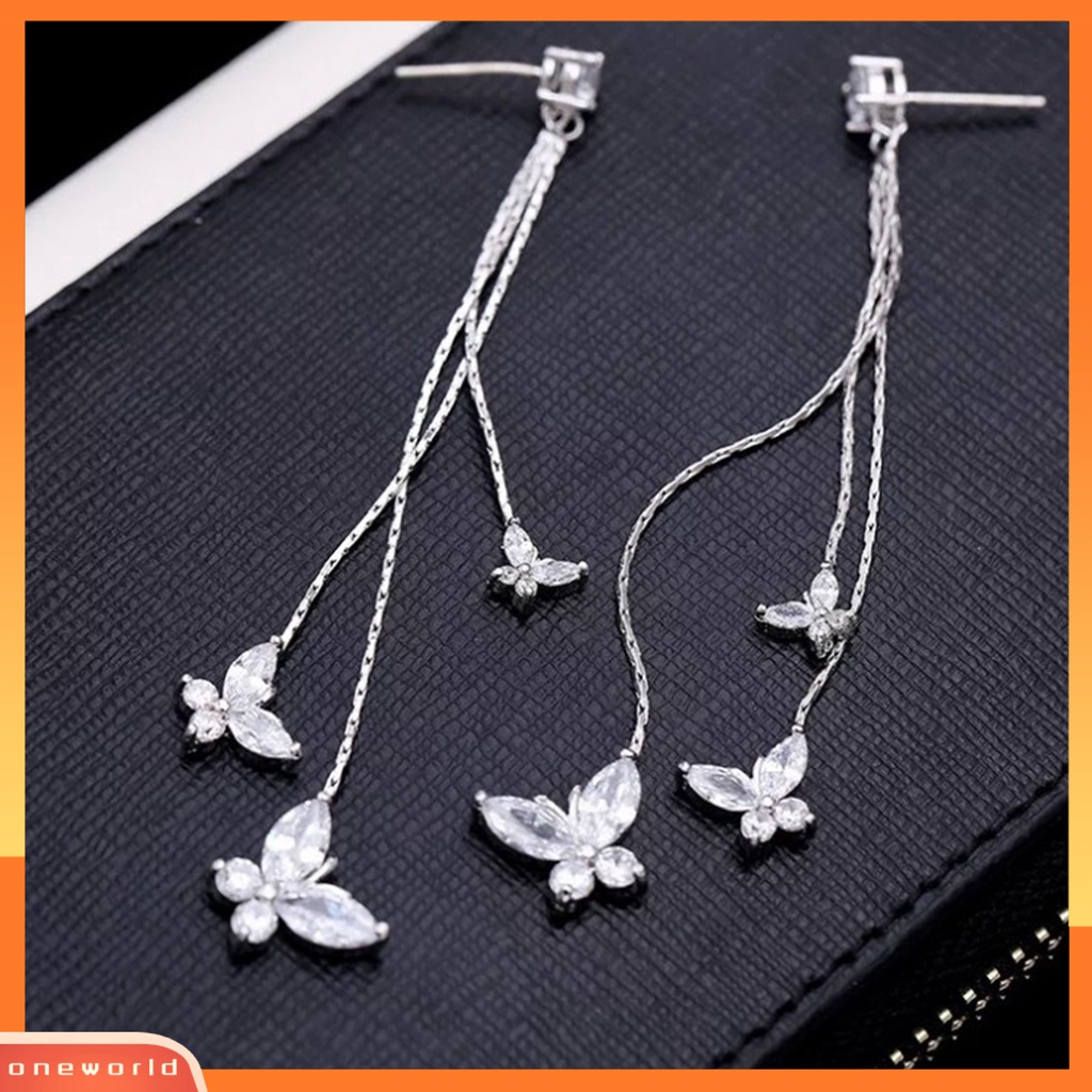 [WOD] 1pasang Drop Earrings Butterfly Rhinestones Perhiasan Berkilau Temperamen Menjuntai Anting Untuk Perjamuan