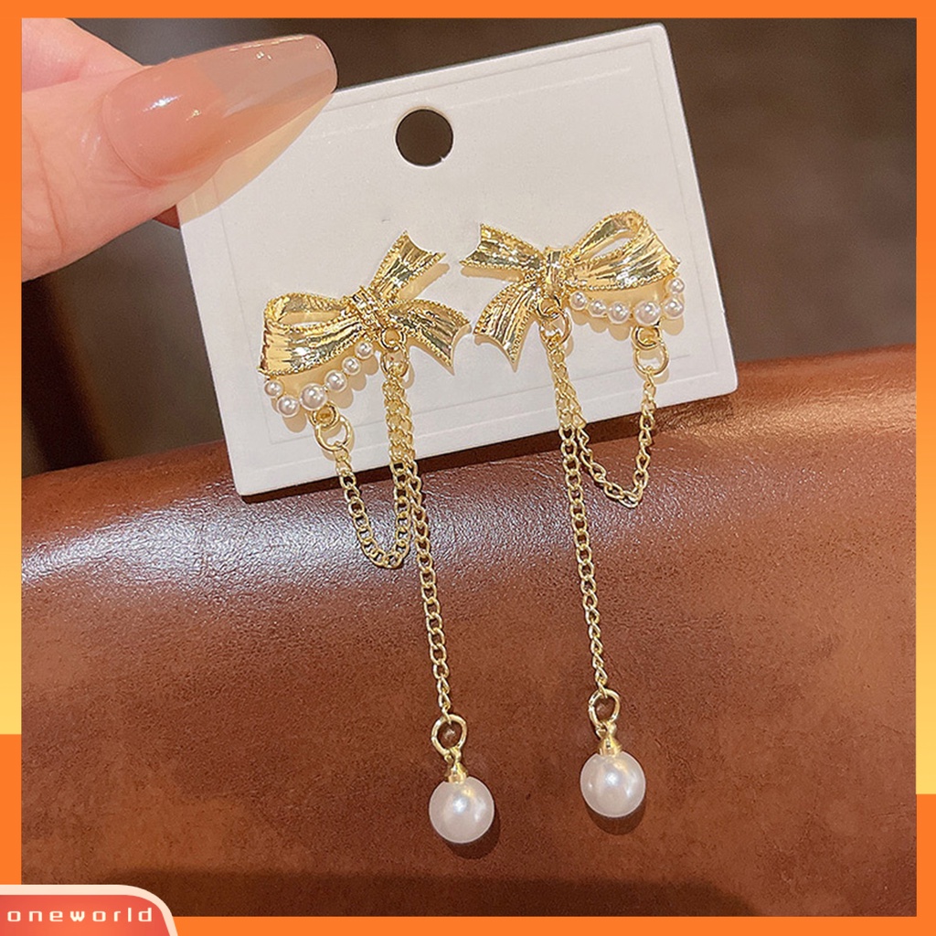 [WOD] 1pasang Drop Earrings Temperamen Busur-Simpul Mutiara Imitasi Geometris Shiny Hias Hadiah Wanita Panjang Rumbai Liontin Anting Perhiasan Fashion Untuk Perjamuan