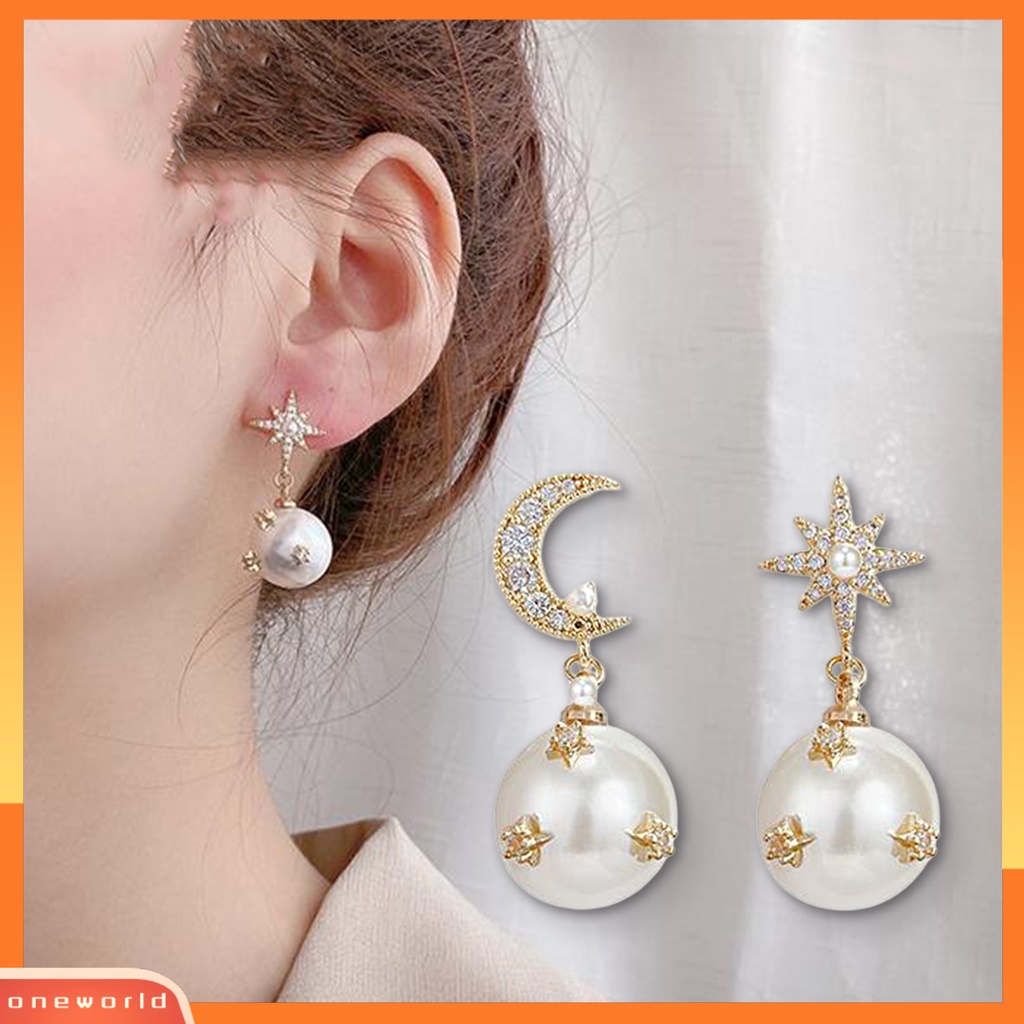 [WOD] 1pasang Anting Menjuntai Shiny Asymmetric Ear Decoration Gaya Korea Anting Temperamen Mutiara Imitasi Bintang Dan Bulan Untuk Pacaran