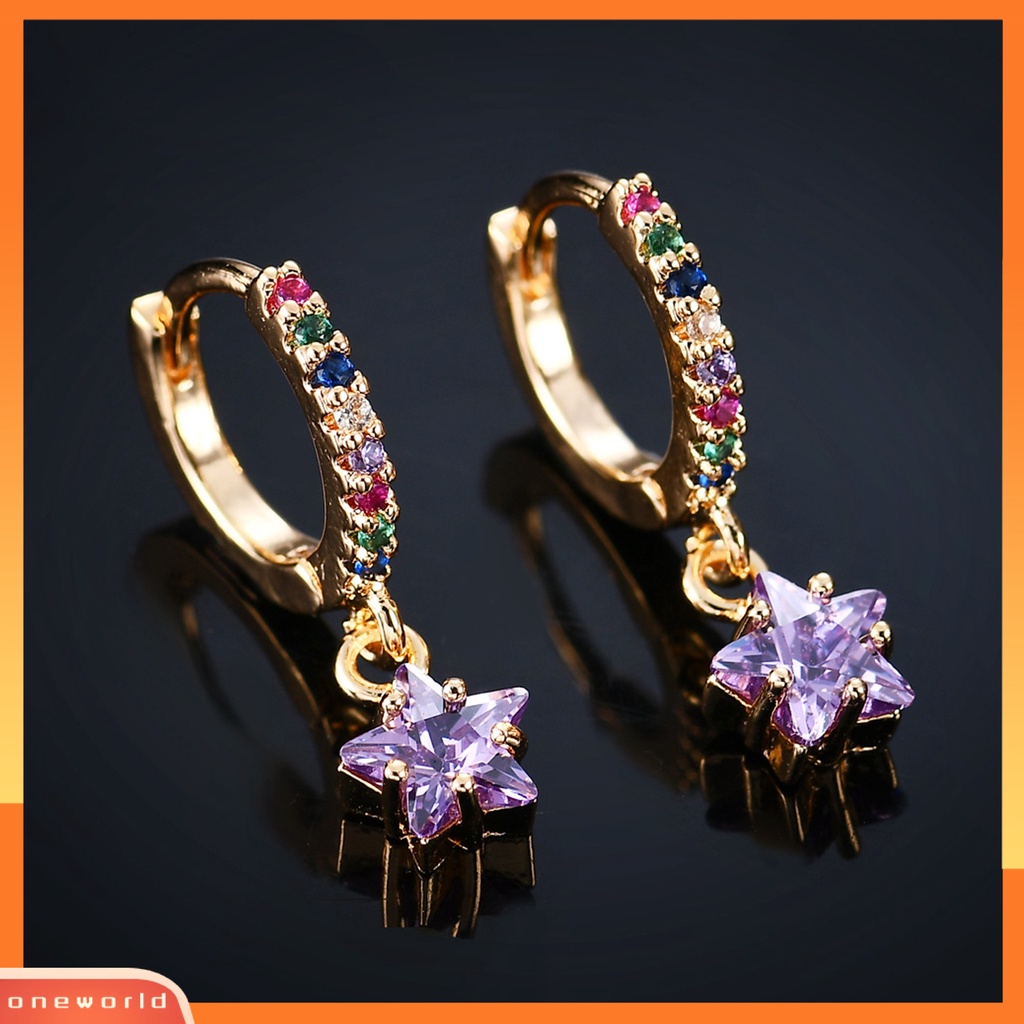 [WOD] 1pasang Anting Wanita Warna-Warni Berkilau Cubic Zirconia Star Pendant Menjuntai Earrings Untuk Pacaran