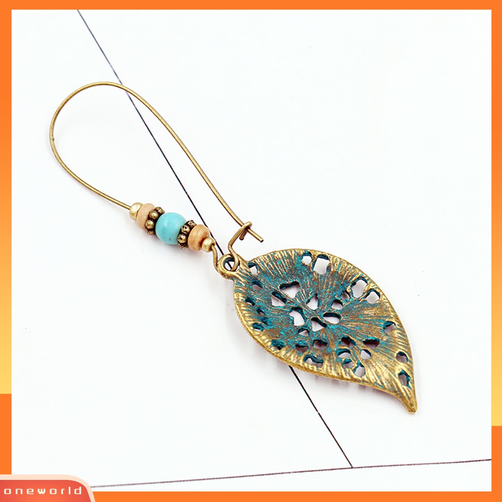 [WOD] Retro Berongga Daun Liontin Imitasi Pirus Manik-Manik Anting Wanita Pernyataan Perhiasan