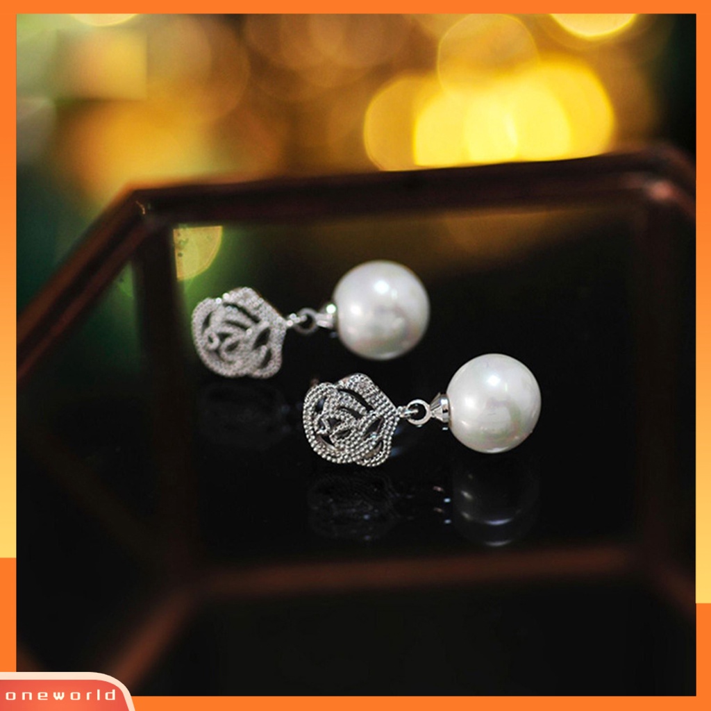 [WOD] Wanita Ear Studs Indah Nyaman Dipakai Alloy Round Stud Putih Imitasi Mutiara Mawar Anting Pakaian Sehari-Hari