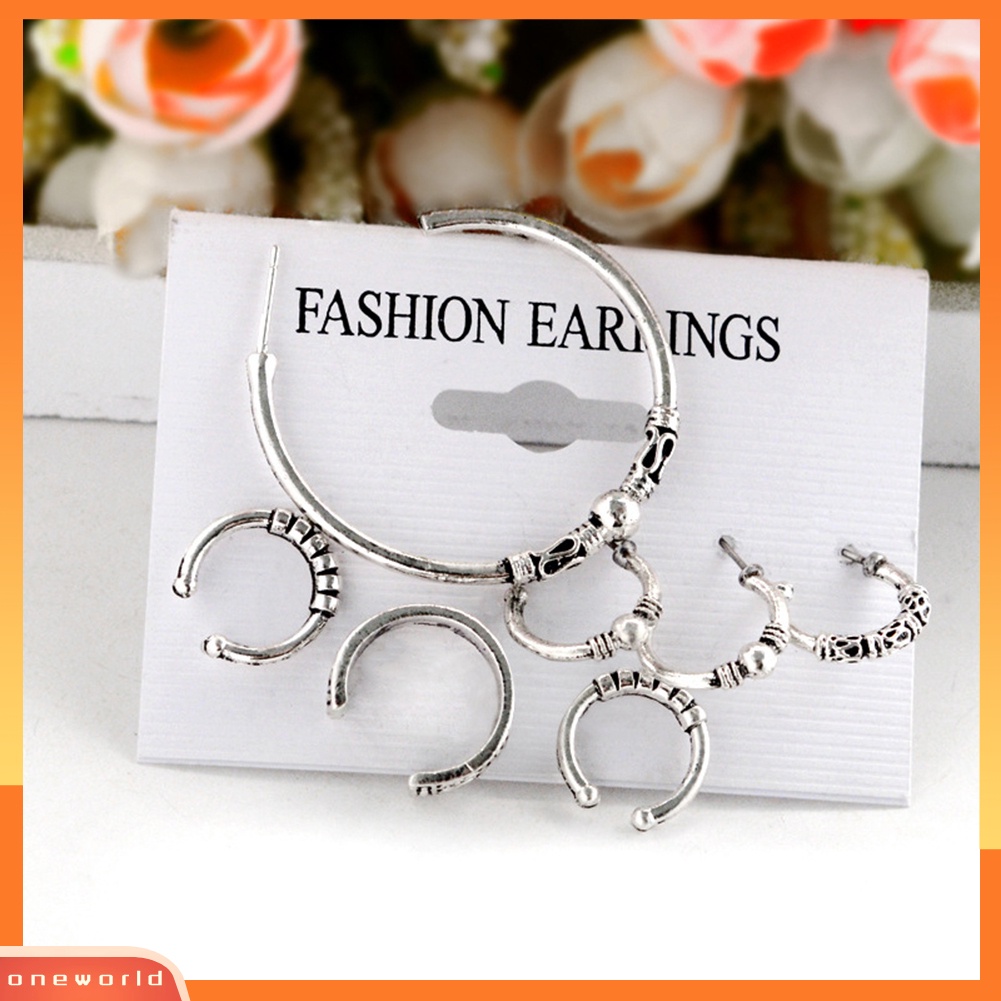 [WOD] 7pcs Boho Wanita Retro Manik-Manik Ukir Bentuk C Alloy Hoop Earrings Set Perhiasan