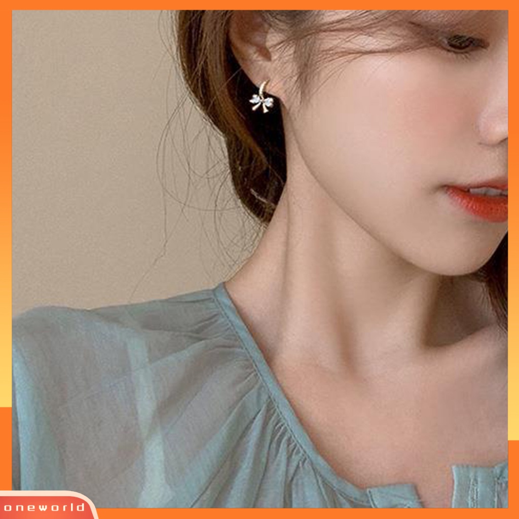 [WOD] 1pasang Wanita Menjuntai Anting Busur Cubic Zirconia Perhiasan Bersinar Gaya Korea Stud Earrings Hadiah Ulang Tahun