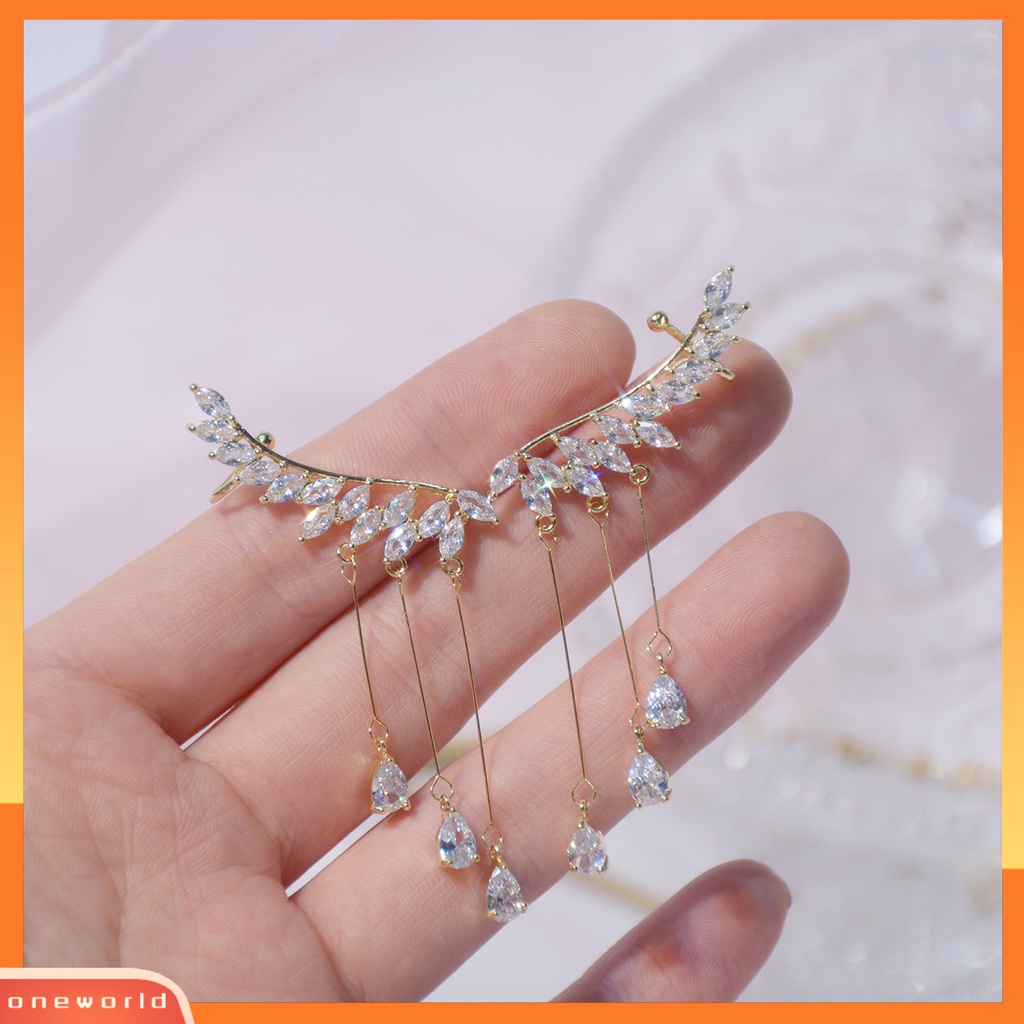 [WOD] 1pasang Wanita Linear Anting Indah Cubic Zirconia Bling Rumbai Bentuk Sayap Drop Earrings Anting Pengantin