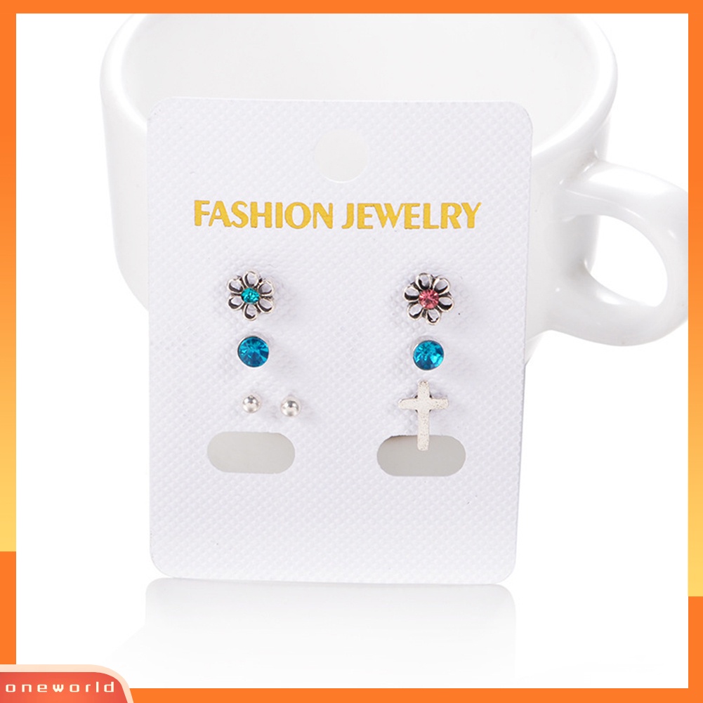[WOD] 7pcs/set Wanita Anting Bunga Salib Berlian Imitasi Telinga Studs Club Pesta Perhiasan