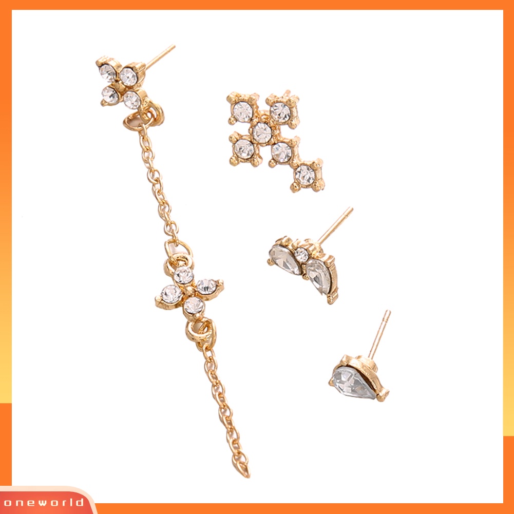 [WOD] 4 Pcs Berlian Imitasi Mengkilap Cross Rumbai Wanita Anting Perhiasan Pesona Pesta Ear Studs