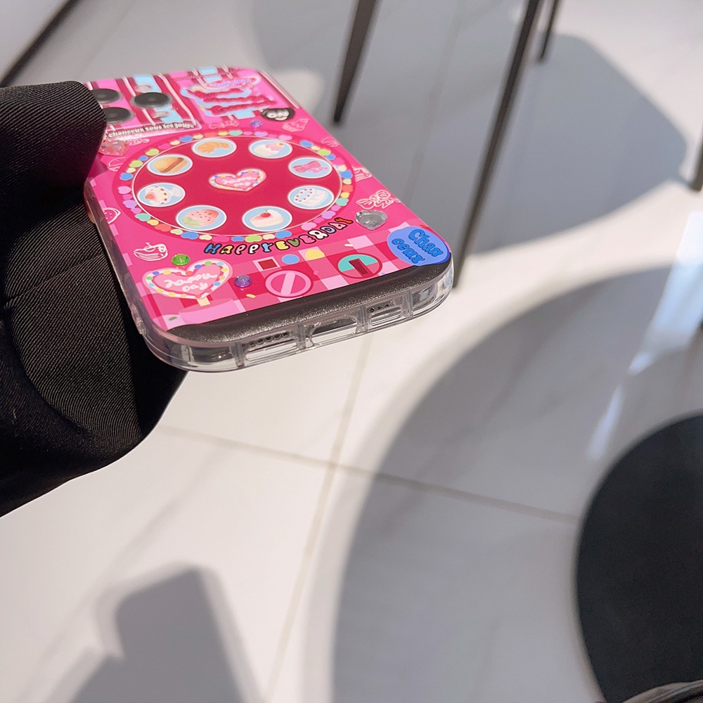 IPHONE Kartun Y2K Pink Snack Rotary Meja Perlindungan Penuh Casing Ponsel Soft Cover Dengan Manik-Manik Berlian Imitasi Stiker Untuk Iphone11 12 13 14 PLUS PRO MAX