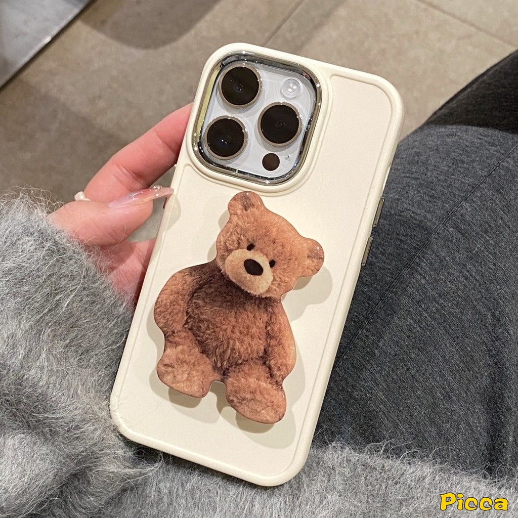 IPHONE Casing Frame Lensa Bahan Metal Plating Mewah Kompatibel Untuk Iphone7 8 Plus 11 14 12 13 Pro MAX X XR XS MAX Sederhana Warna Solid Cover Dengan Beruang Lucu Puppy Pisang Kentang Goreng Bracket Aksesoris