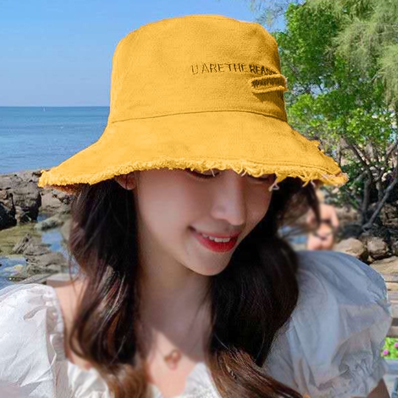 Topi Bucket Wanita Fisherman Huruf Patch Topi Nelayan Topi Korea Kanvas Topi Matahari