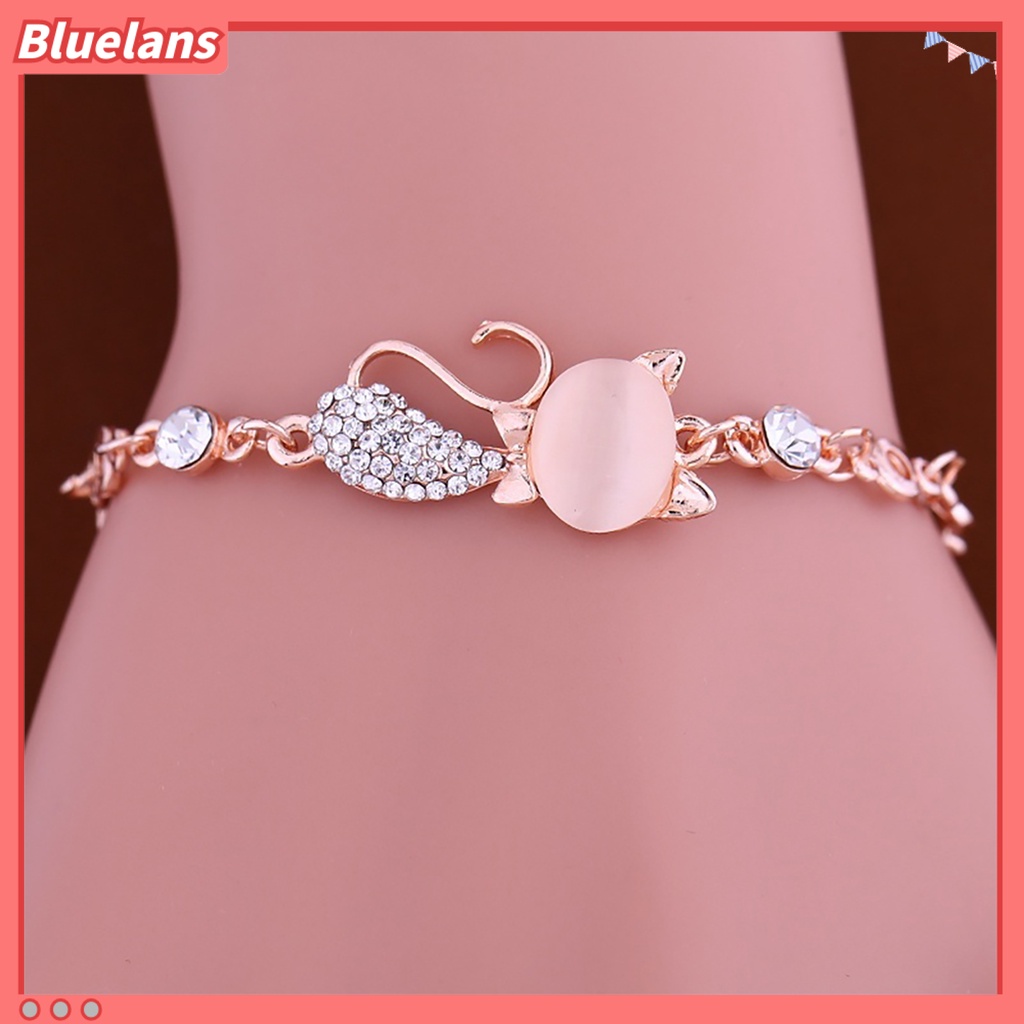 [BLS] Wanita Ladies Lovely Cat Pendant Opal Berlian Imitasi Bangle Gelang Rantai Perhiasan Untuk Kehidupan Sehari-Hari