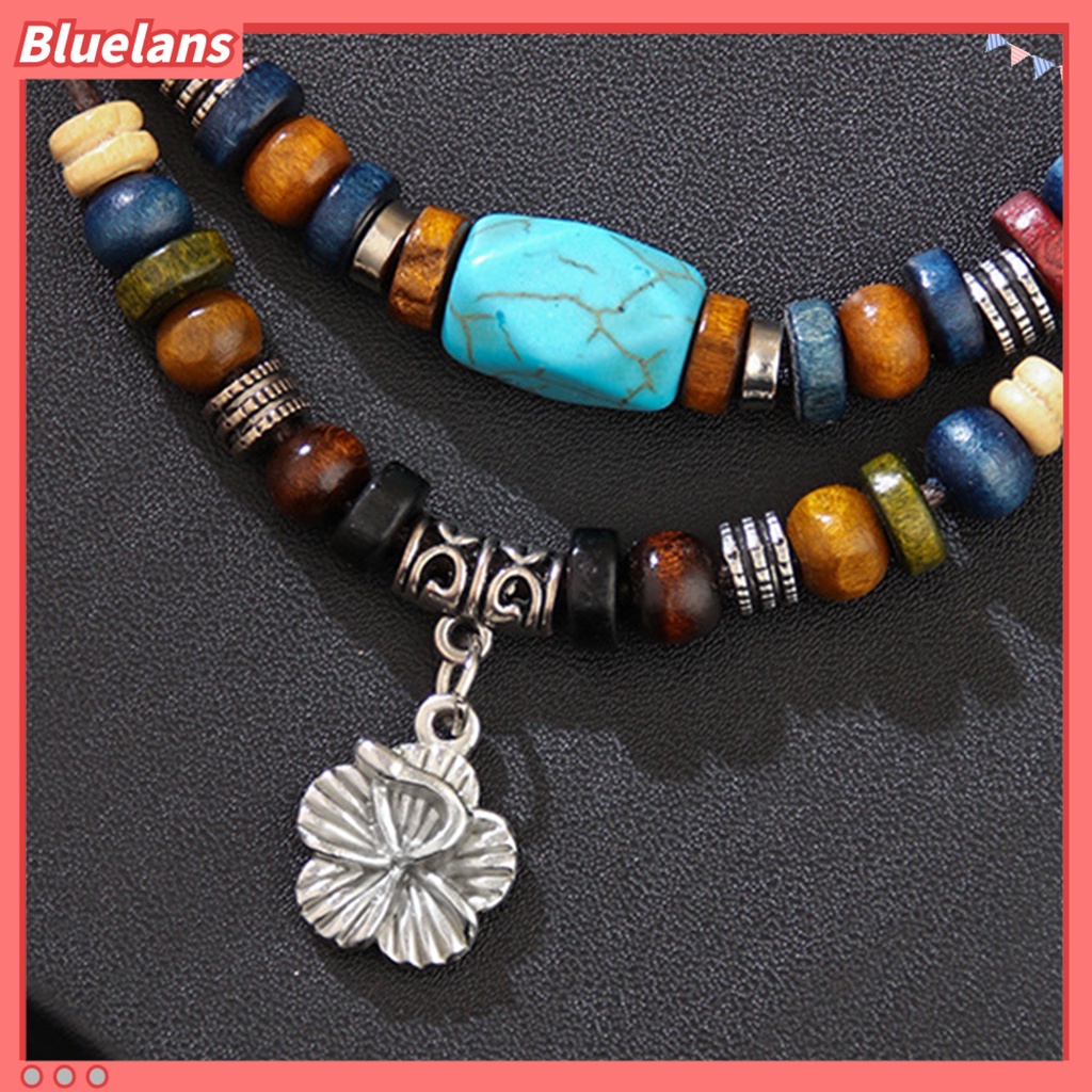 [BLS] Pria Kalung Berlapis Gaya Etnik Logam Bunga Liontin Lilin Tali Manik-Manik Kayu Turquoise Klavikula Rantai Perhiasan Aksesoris