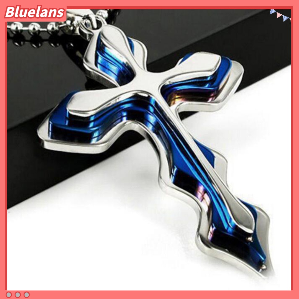 [BLS] 2 Pcs Pria Fashion Berlian Imitasi Bertatahkan Yesus Salib Liontin Rantai Kalung Hadiah