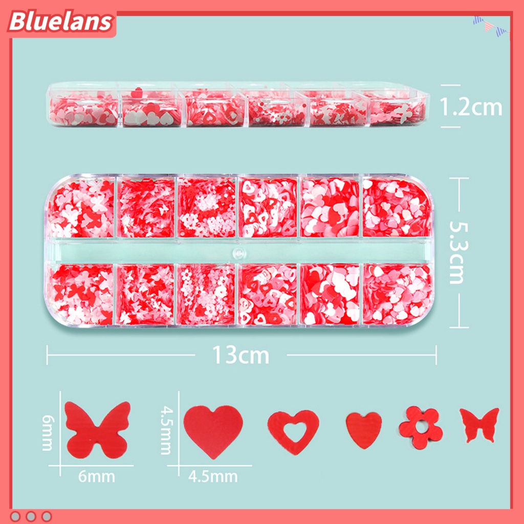 [BLM] 1kotak Paku Payet 12kisi Aneka Bentuk Mini Tipis DIY Nail Art Cinta Hati Bunga Manicure Glitters Dekorasi Untuk Hari Valentine