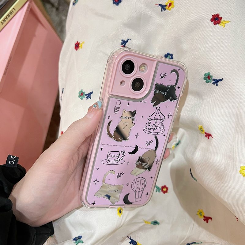 IPHONE Case TPU Lembut Mirror Pink Line Kitty iP Iphone14+Plus 11 12 13 Pro Max 2in1 FTD Cewek Wanita Casing Apple