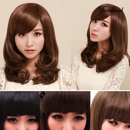 Twowood Wanita Fashion Sedang Panjang Keriting Rambut Alis-skimming Poni Cosplay Pesta Penuh Wig