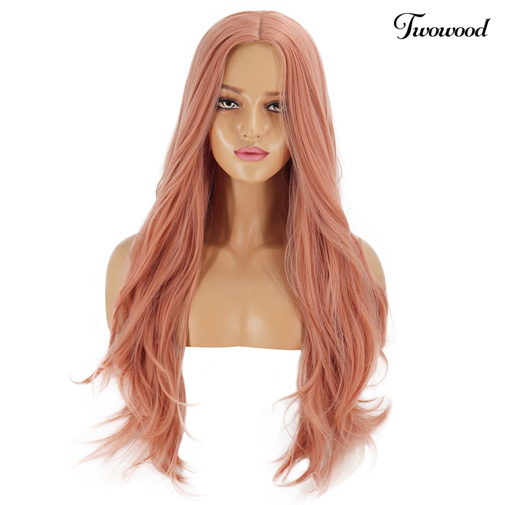 Twowood Wanita Panjang Keriting Rambut Sintetis Rose Net Pink Wig Pesta Ekstensi Sopak