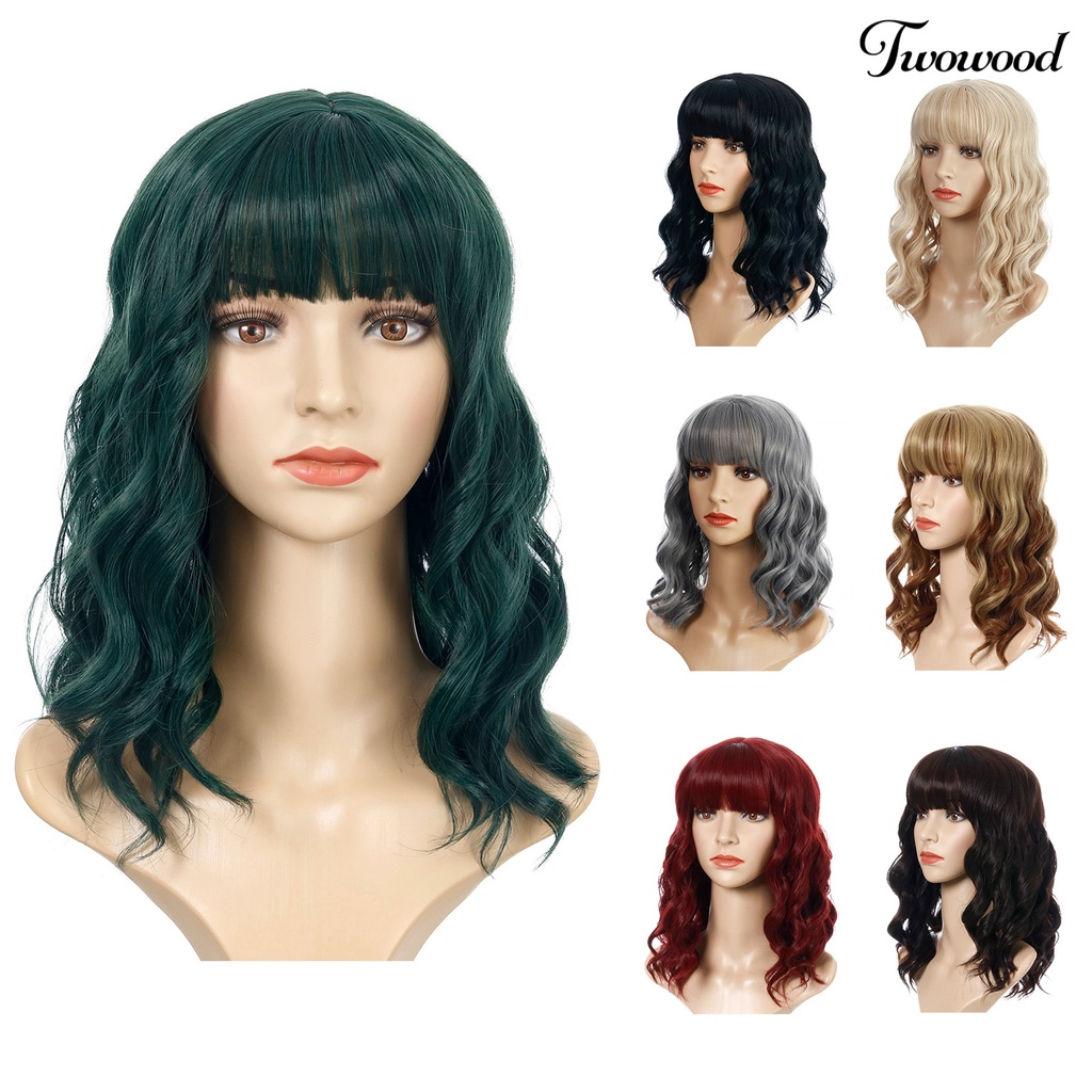 Twowood Wanita Wavy Mid Long Curly Wig Air Bangs Bermain Peran Kostum Pesta Sopak