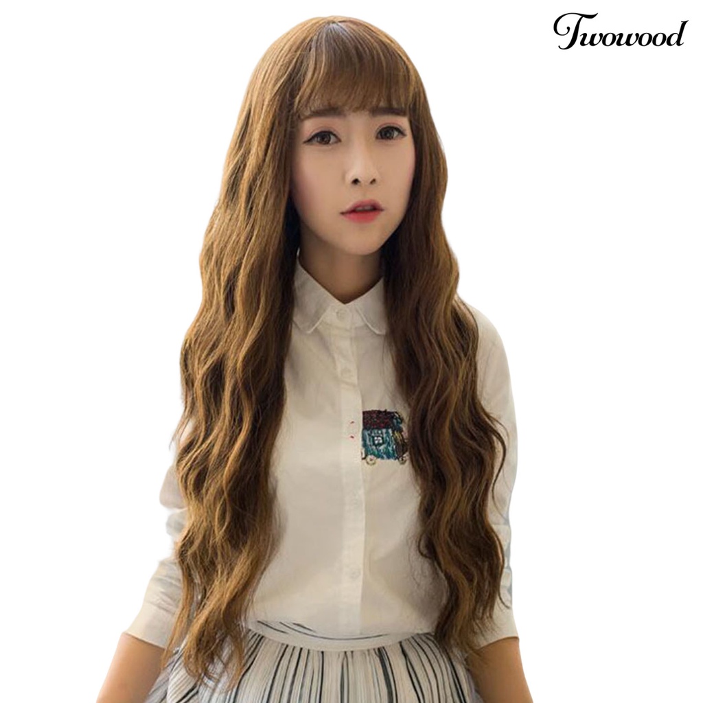 Twowood Wanita Wig Non-dropable Fluffy Bernapas Rambut Styling Alami Keriting Gelombang Besar Jagung Perm Matte Wig Dengan Poni Udara Digunakan Wanita