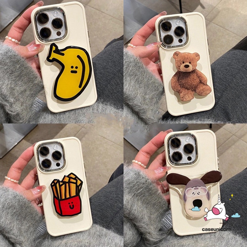 IPHONE Kompatibel Untuk Iphone7 8 Plus XR 11 13 14 12 Pro MAX X XS MAX Warna Solid Bingkai Lensa Logam Plating Sederhana Soft Cover Dengan Kartun Lucu Puppy Bear Fries Pisang Aksesoris Bracket