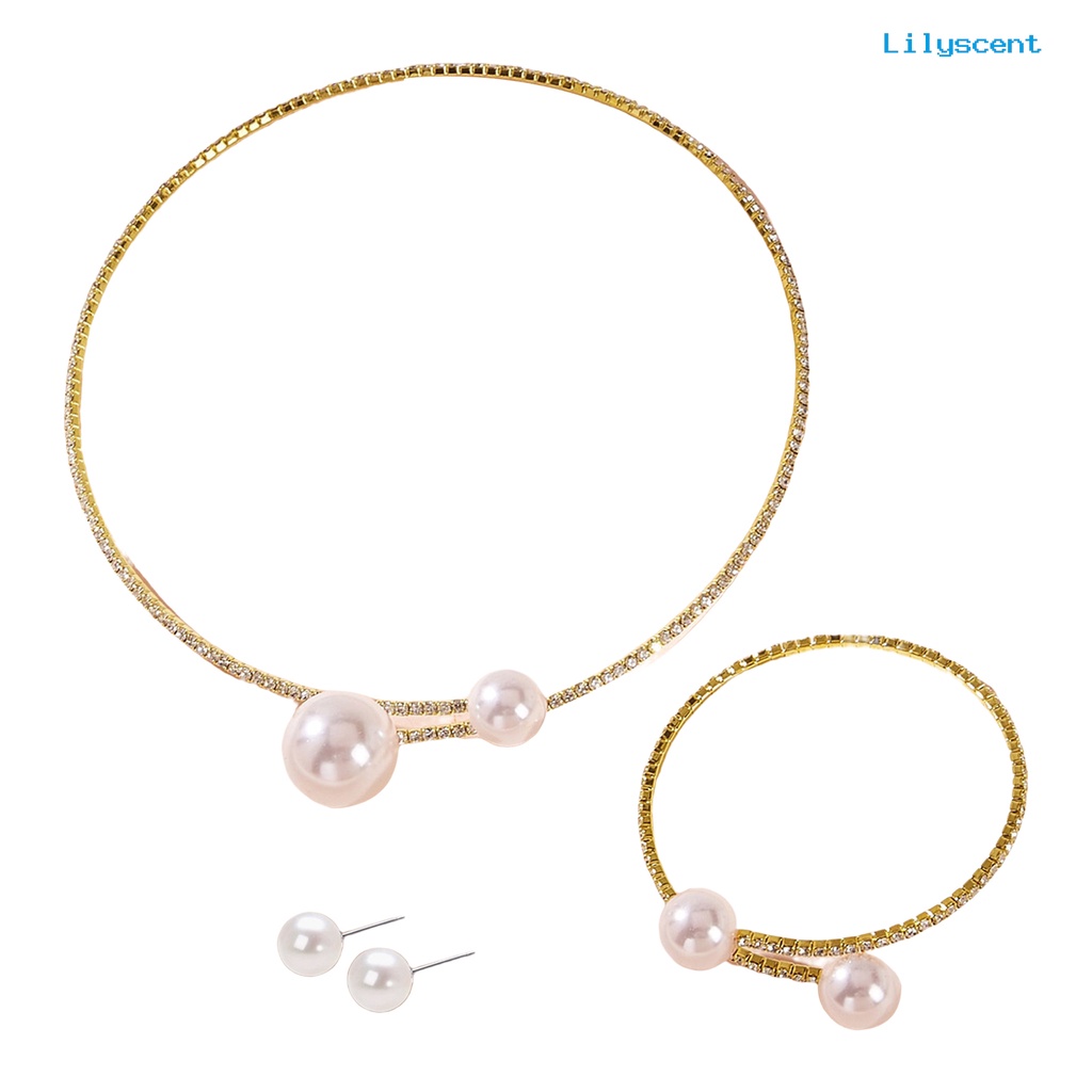 [LS]1 Set Perhiasan Wanita Set Mutiara Imitasi Dipoles Warna Kontras Pembukaan Berlian Imitasi Tubuh Dekorasi Adjustable Telinga Stud Klavikula Kalung Perhiasan Set Wanita Jewelry