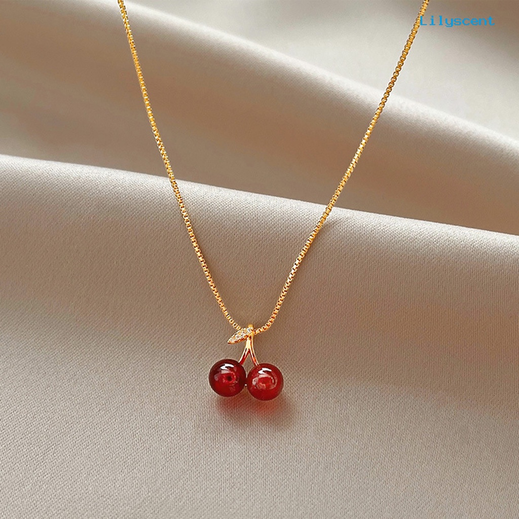 [LS]Wanita Kalung Elegan Emas Slim Rantai Dainty Ringan Hadiah Hypoallergenic Ceri Merah Liontin Kalung Fashion Perhiasan