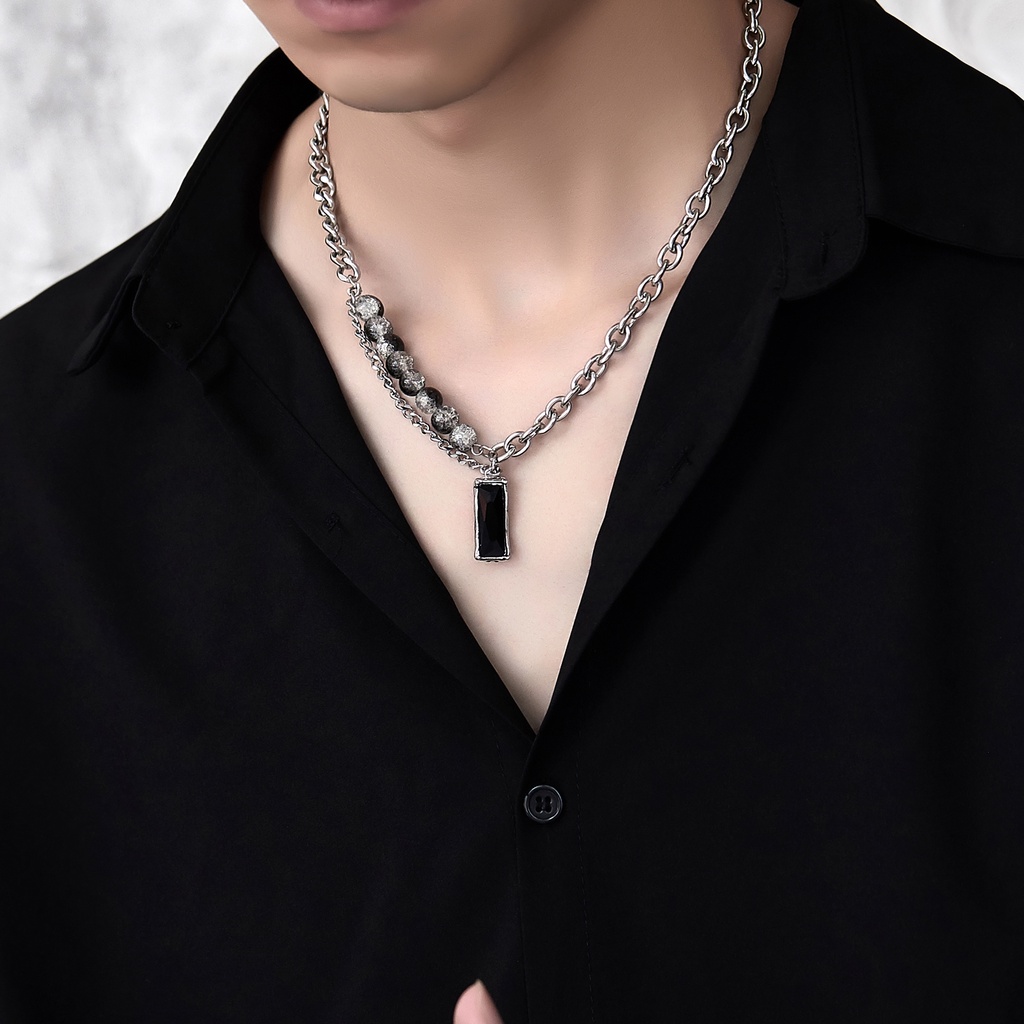 Kalung Safir Hitam Bahan Titanium Steel Hip Hop Untuk Pria Dan Wanita