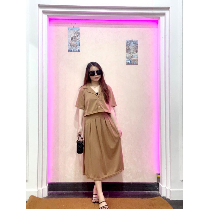 BEFAST - ZRD OOTD WANITA SETELAN UNA / KIMMY SET / Oneset Wanita Keluaran terbaru / Fashion Kekinian Remaja ABG / Set Kemeja Crop Lengan Pendek+Rok Maxy Polos / Outfit Daily Wanita Kerja Casual / Setelan Polos Formal