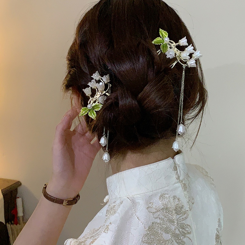 Lily of the Valley Bunga Kusut Rumbai Gaya Cina Baru Jepit Rambut Antik Langkah Goyang High-End Hairpin